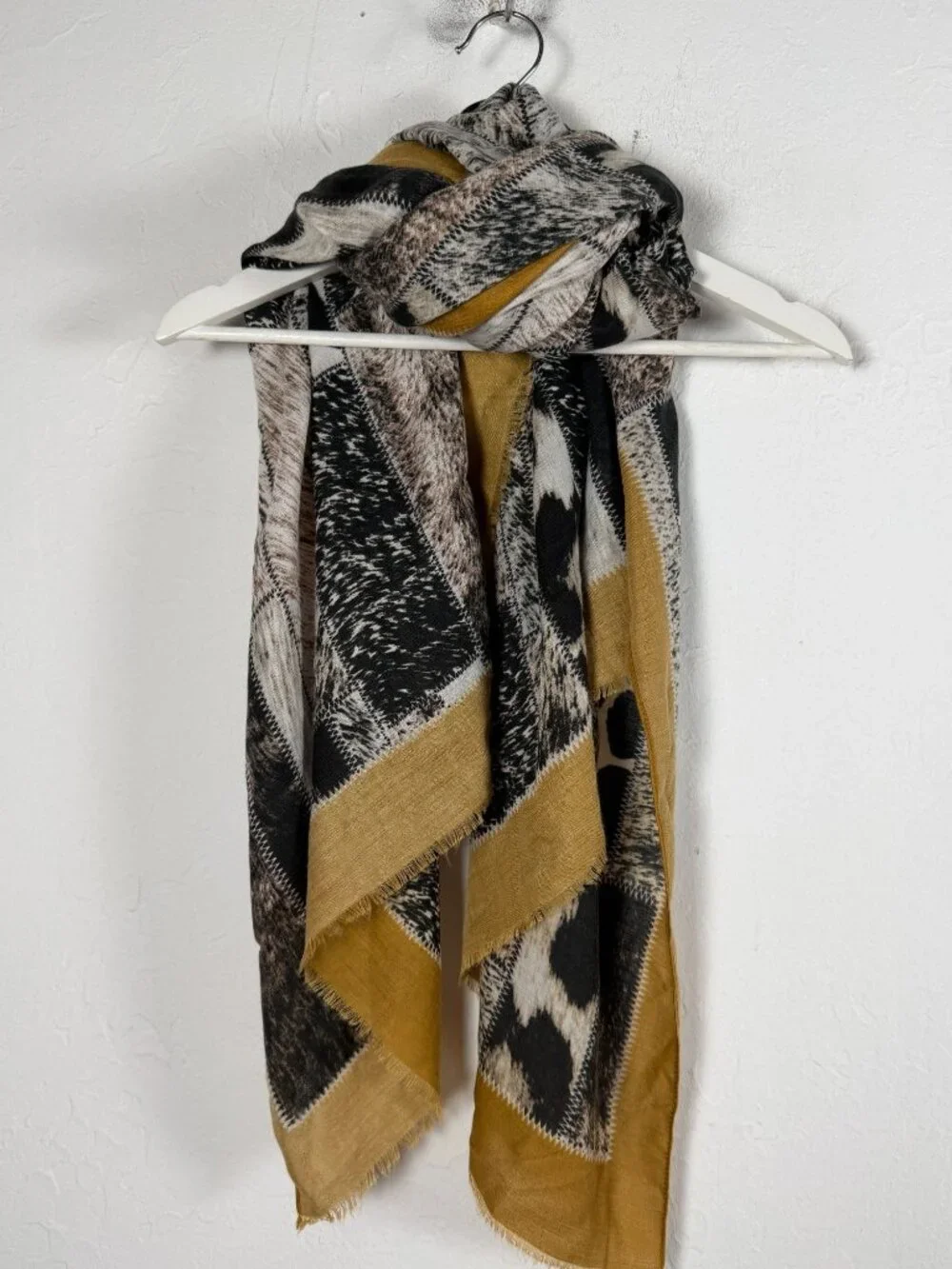 Animal Print Scarf Mustard Gold Border Black Brown Fringe Lightweight 70x35